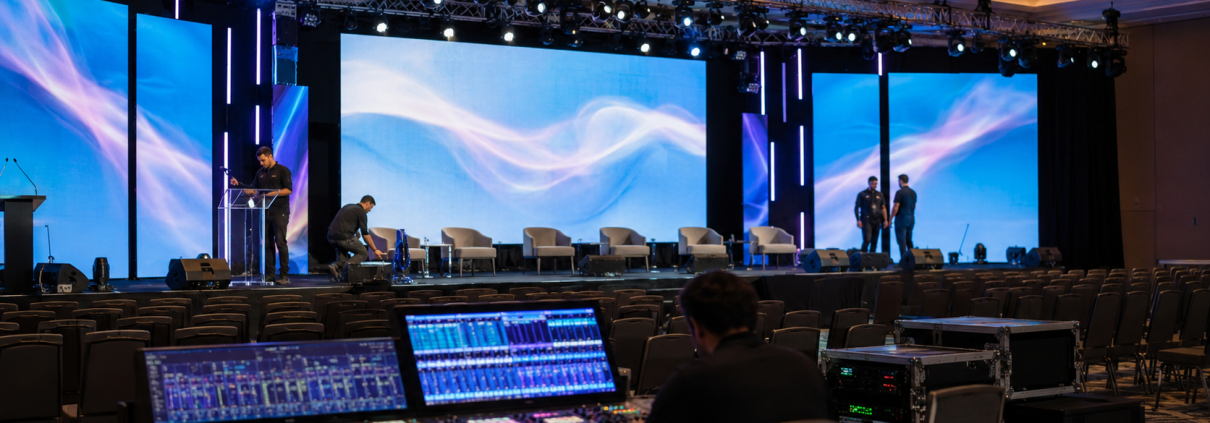 Techniciens préparant une installation de sonorisation audiovisuelle dans une grande salle événementielle avec scène, écrans et régie technique