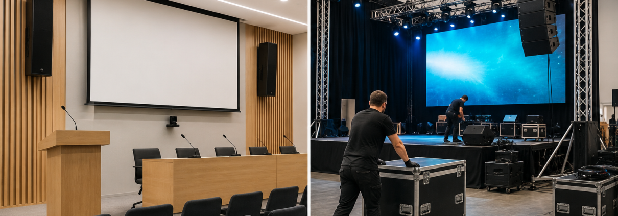 Comparaison visuelle entre une salle équipée d’une sonorisation fixe et une installation audiovisuelle temporaire montée pour un événement