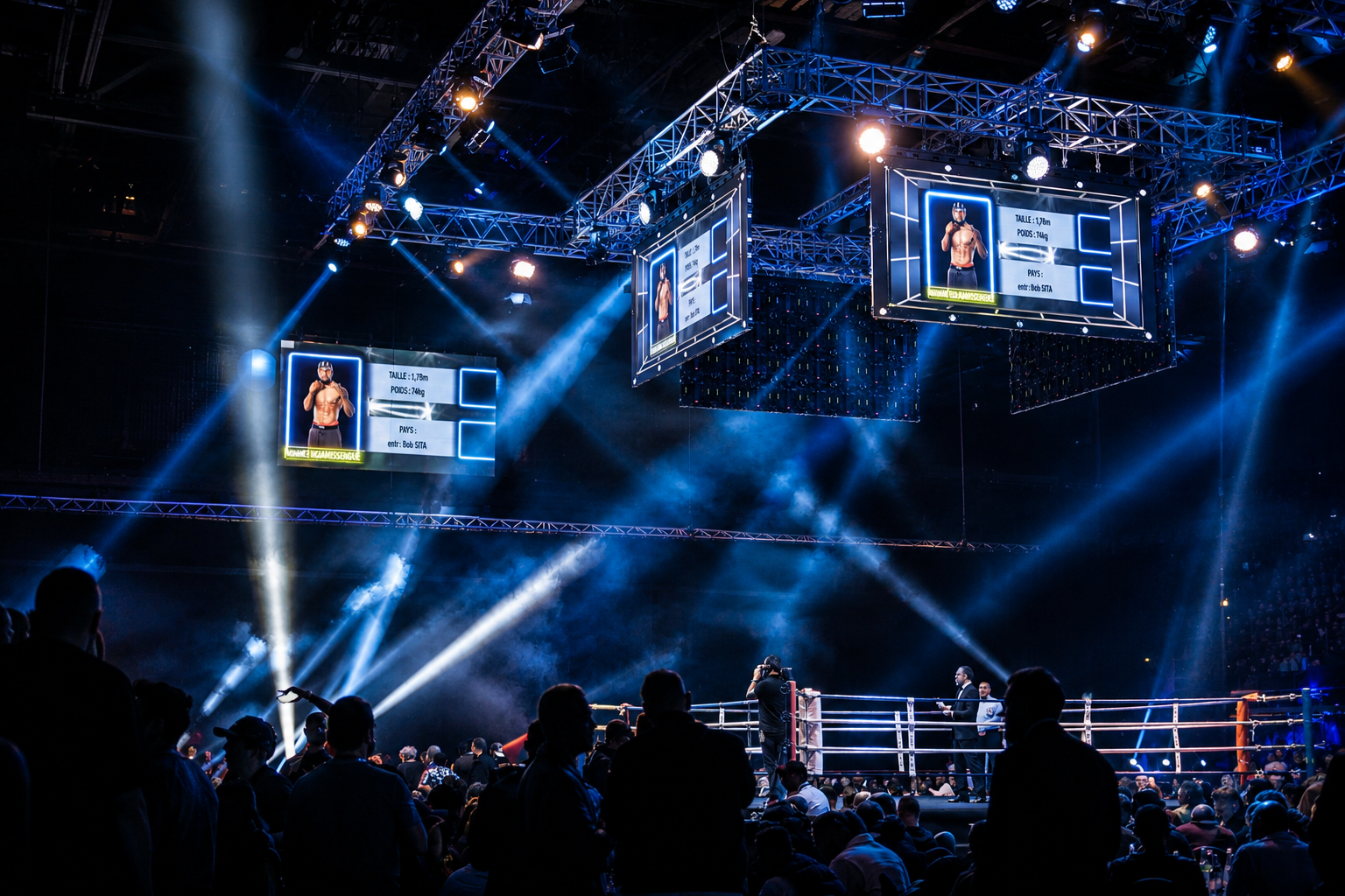 Ring de boxe illuminé avec écrans LED géants au Palais des Sports de Marseille, prestation technique EBS